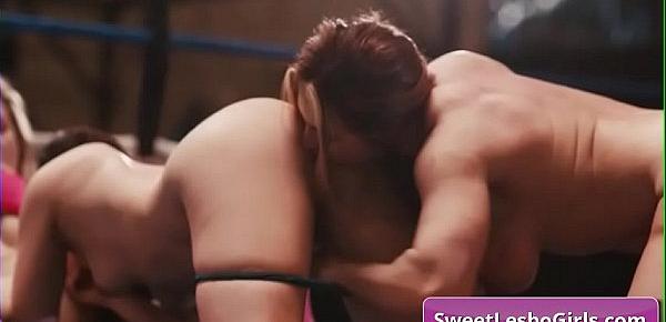  Four busty horny lesbo sluts Aiden Ashley, Ana Foxxx, Whitney Wright, Brandi Mae eating pussy on the wrestling ring